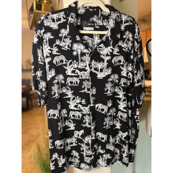 Original Use Shirt Mens 2XL Safari Animal Print Zebra Black Button-Up Rayon - Picture 1 of 3